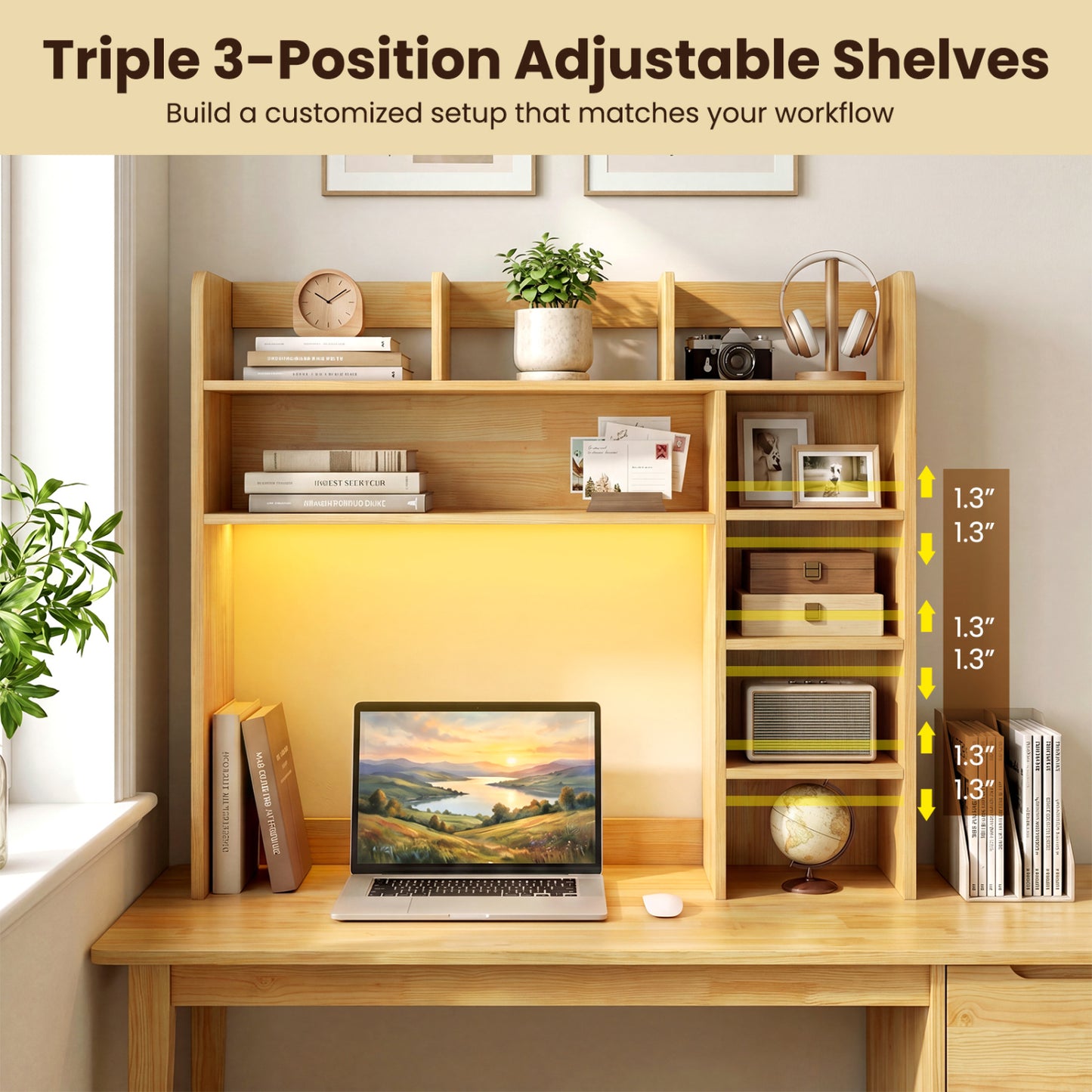 Desk Hutch With LED Lights, 35.5 Inch, Beige Bookcases at Gallery Canada
