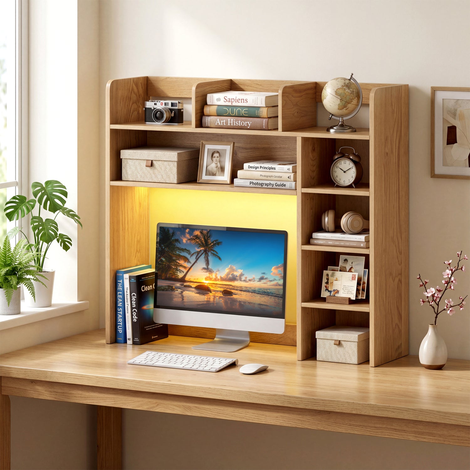 35.5 Inch Desk Hutch Storage Organizer, LED Lights, Natural Bookcases at Gallery Canada