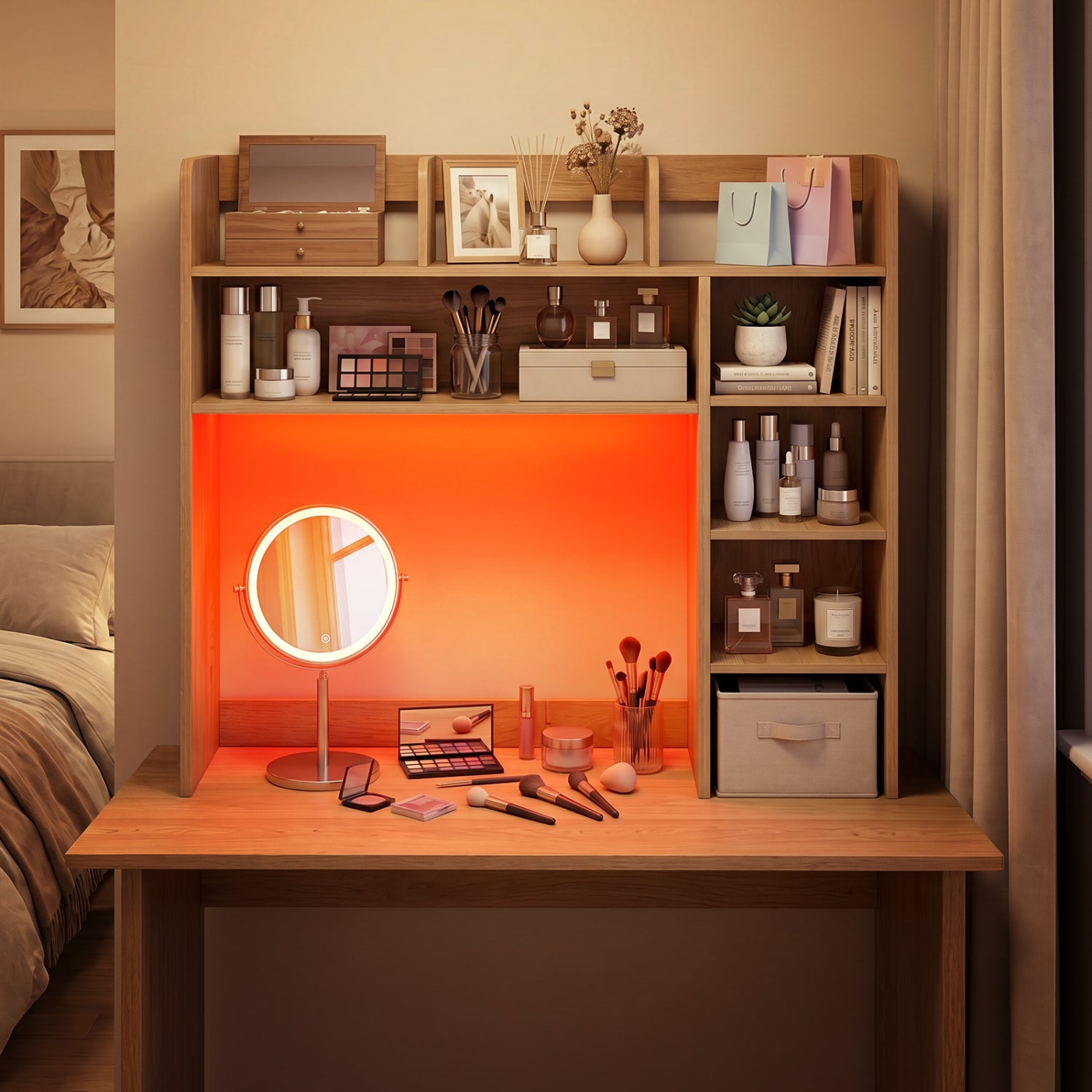 35.5 Inch Desk Hutch Storage Organizer, LED Lights, Natural Bookcases at Gallery Canada