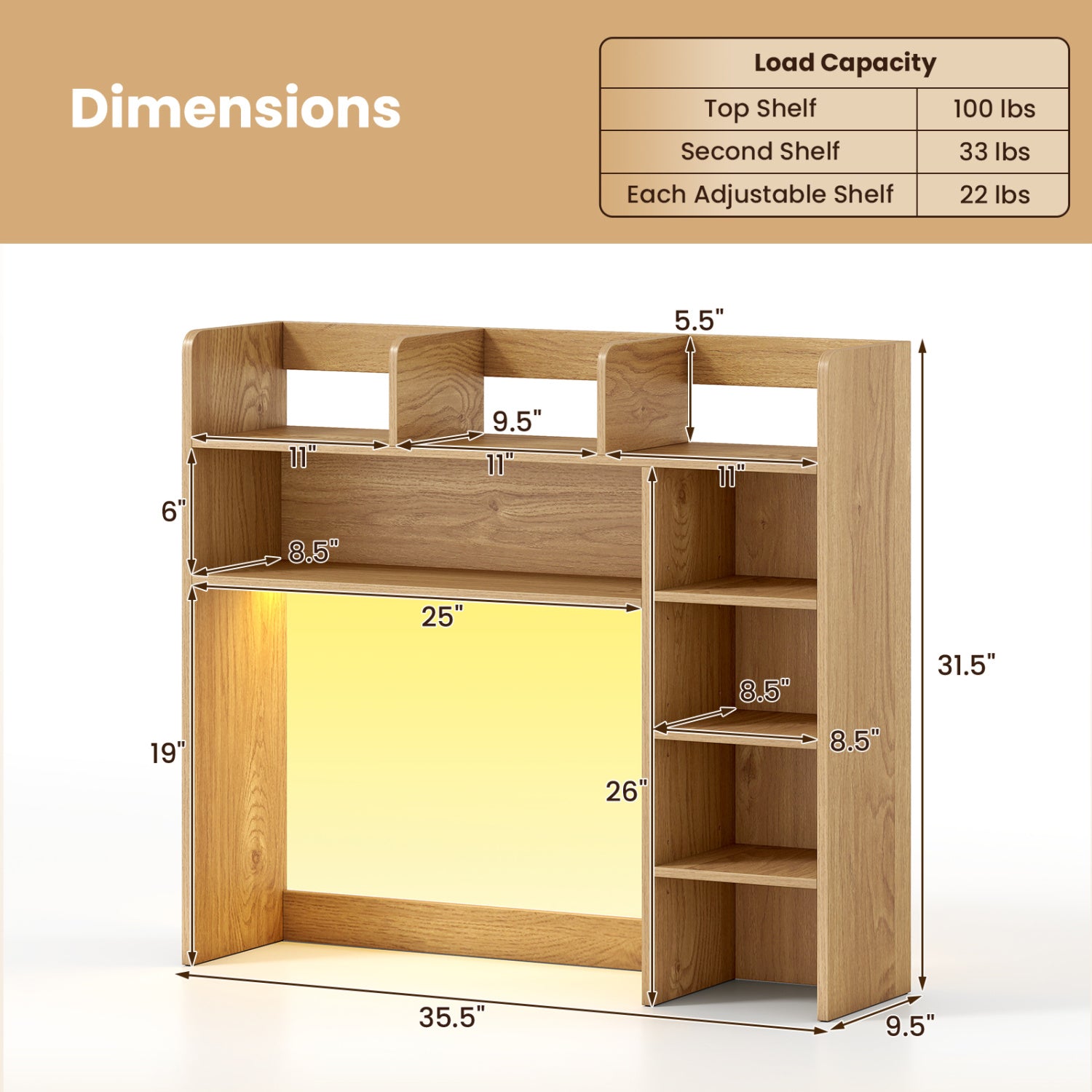 35.5 Inch Desk Hutch Storage Organizer, LED Lights, Natural Bookcases at Gallery Canada
