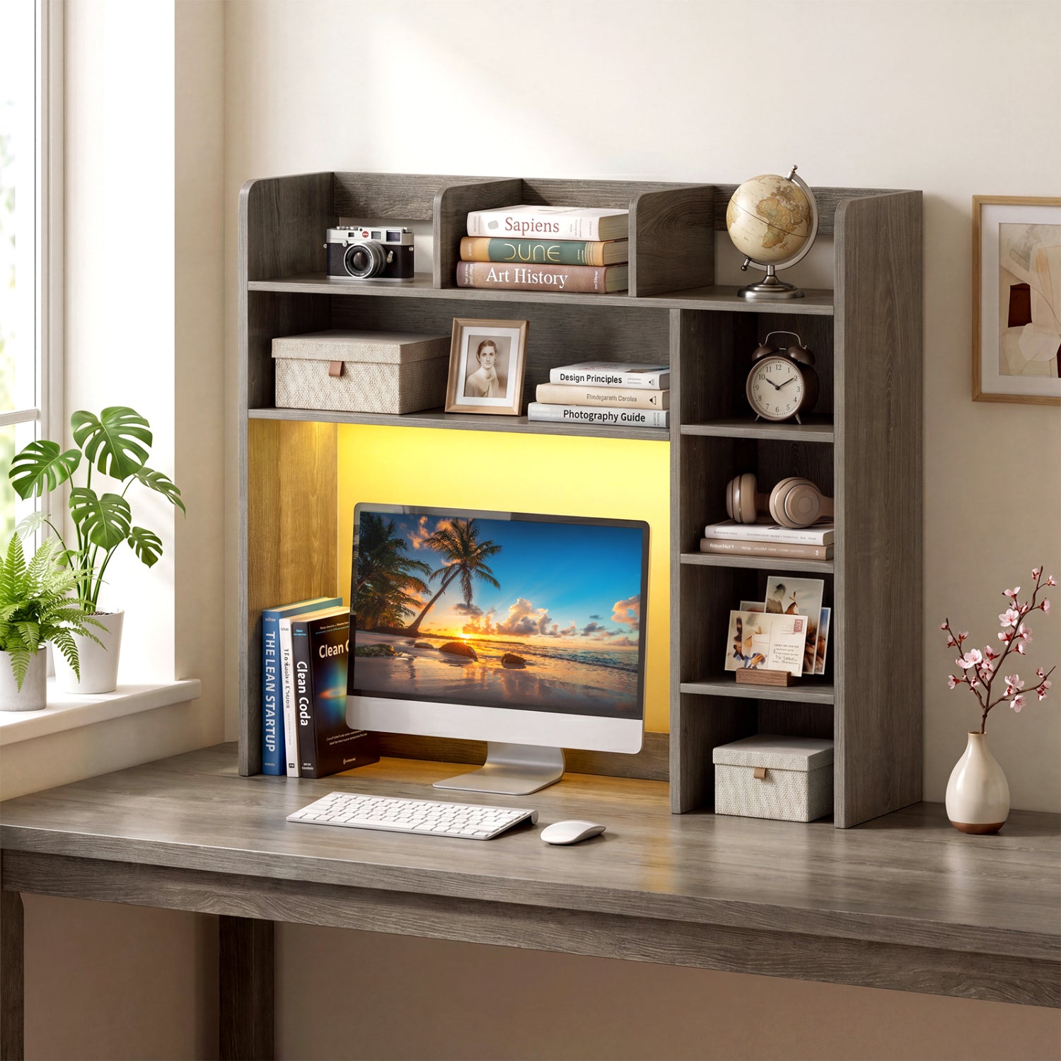 Desktop Bookshelf With LED Lights, 35.5 Inch, Oak Bookcases at Gallery Canada