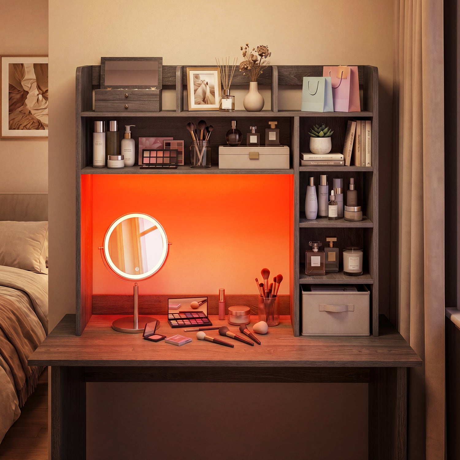 Desktop Bookshelf With LED Lights, 35.5 Inch, Oak Bookcases at Gallery Canada