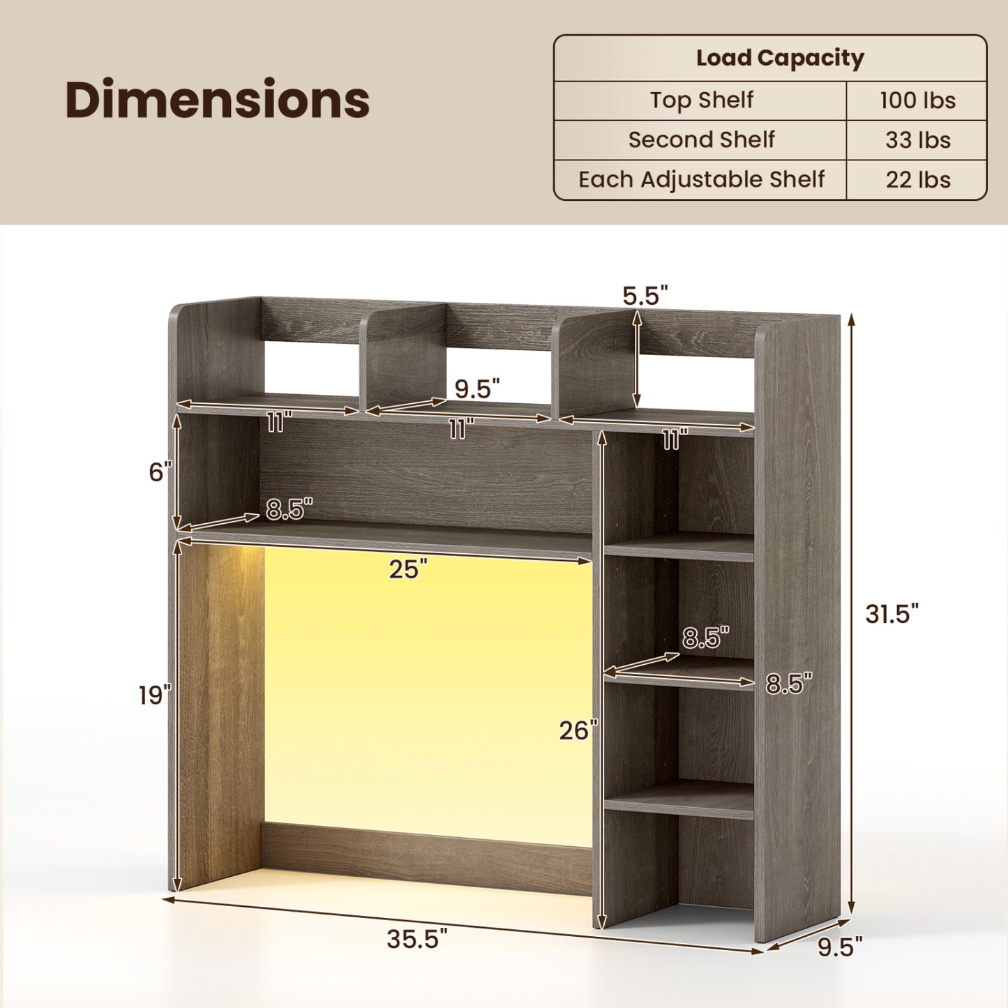 Desktop Bookshelf With LED Lights, 35.5 Inch, Oak Bookcases at Gallery Canada