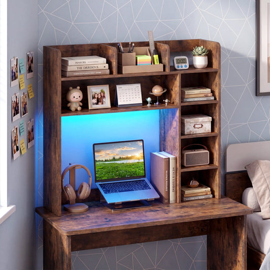Desktop Bookshelf with LED Lights 35.5 inch Desk Hutch Storage Organizer, Rustic Brown Bookcases Rustic Brown at Gallery Canada