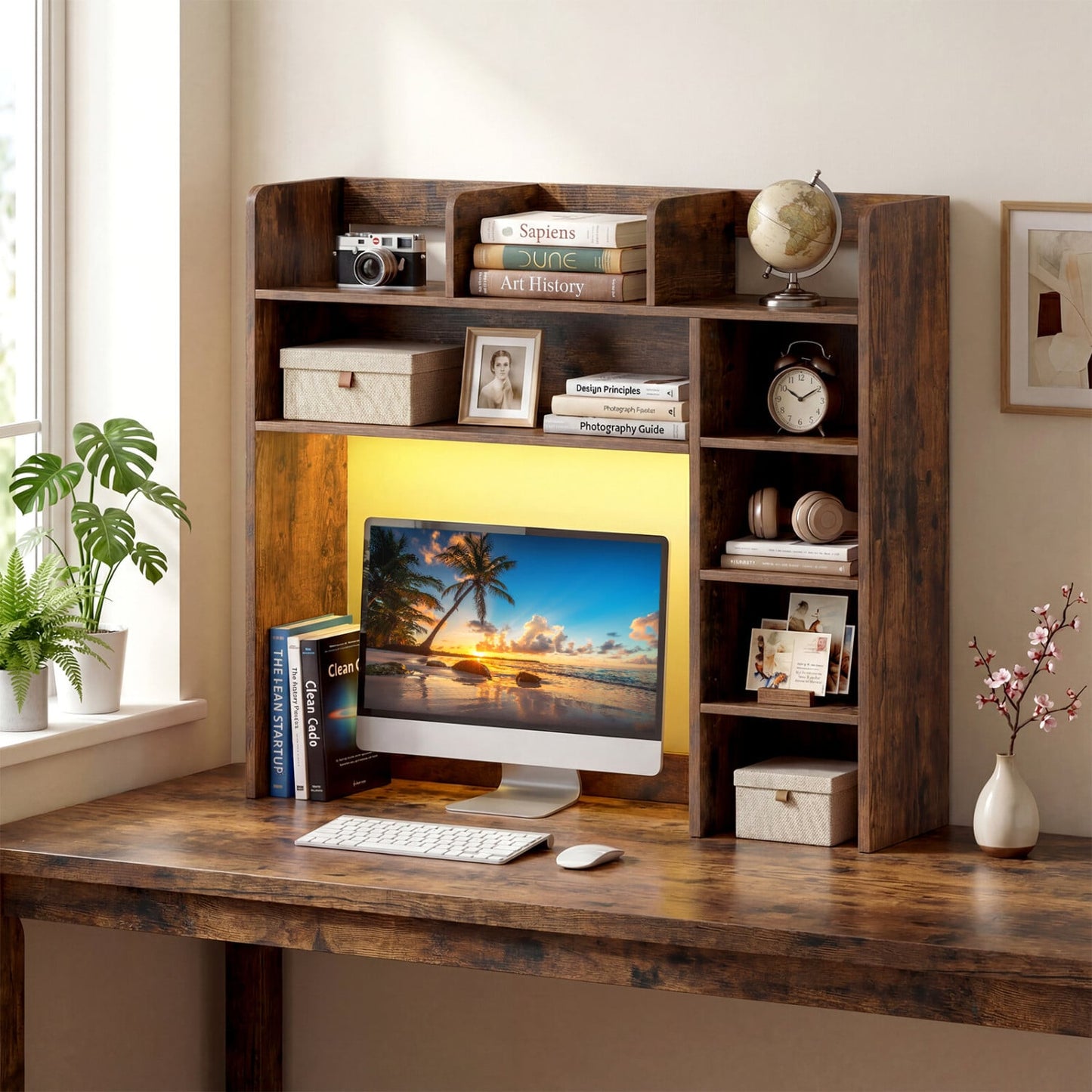 Desktop Bookshelf with LED Lights 35.5 inch Desk Hutch Storage Organizer, Rustic Brown Bookcases at Gallery Canada