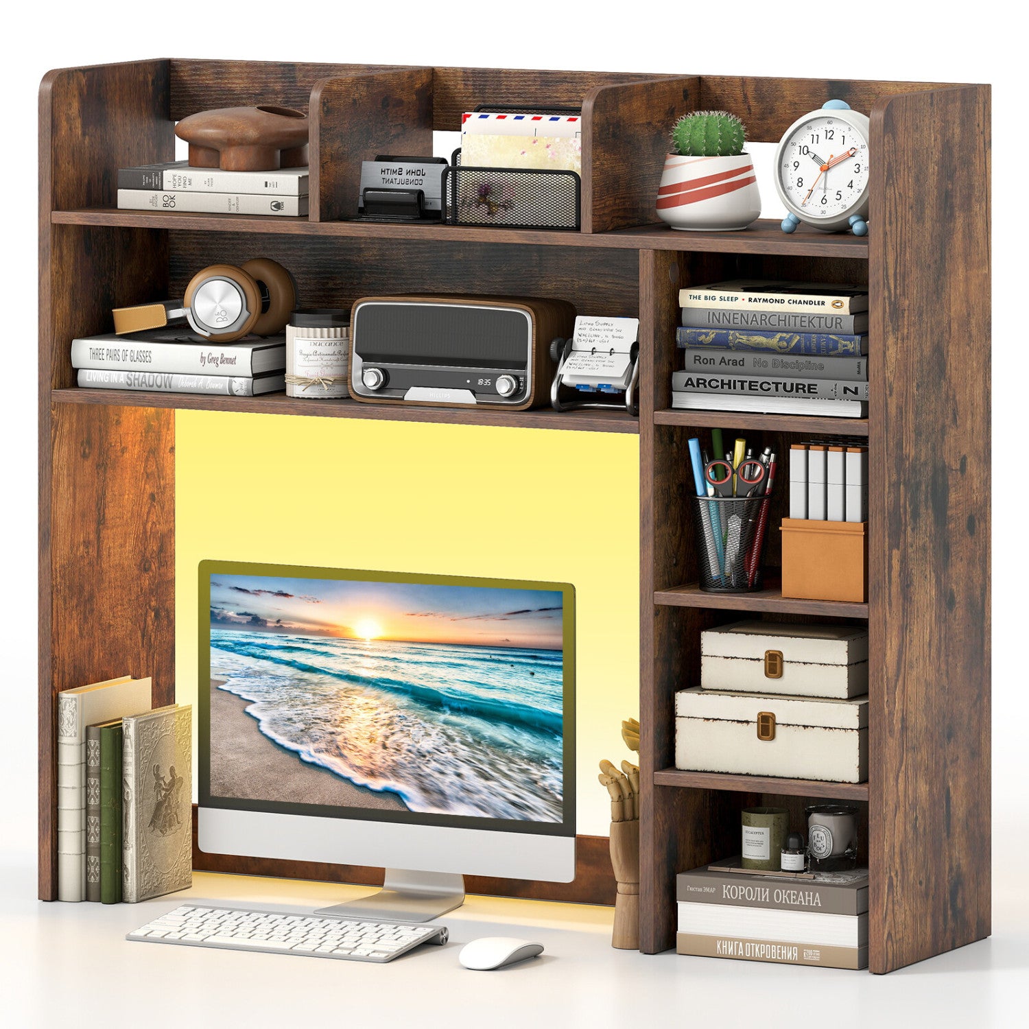 Desktop Bookshelf with LED Lights 35.5 inch Desk Hutch Storage Organizer, Rustic Brown Bookcases at Gallery Canada