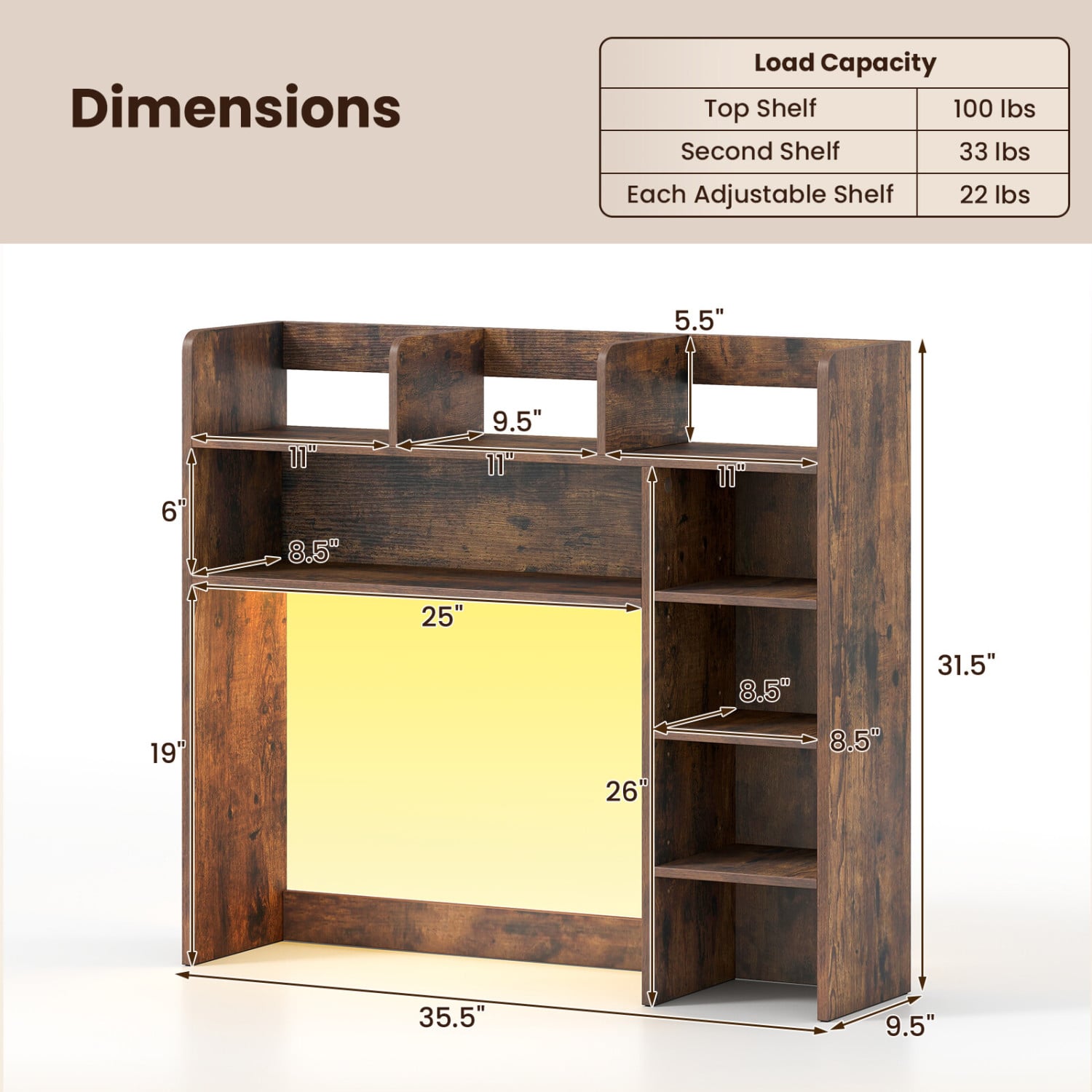 Desktop Bookshelf with LED Lights 35.5 inch Desk Hutch Storage Organizer, Rustic Brown Bookcases at Gallery Canada