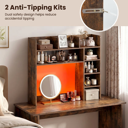 Desktop Bookshelf with LED Lights 35.5 inch Desk Hutch Storage Organizer, Rustic Brown Bookcases at Gallery Canada