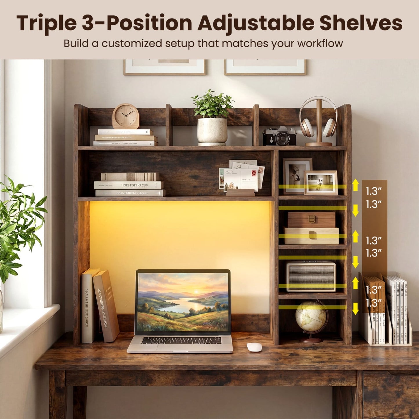 Desktop Bookshelf with LED Lights 35.5 inch Desk Hutch Storage Organizer, Rustic Brown Bookcases at Gallery Canada