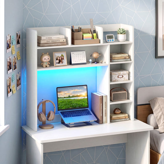 Desktop Bookshelf with LED Lights 35.5 inch Desk Hutch Storage Organizer, White Bookcases White at Gallery Canada