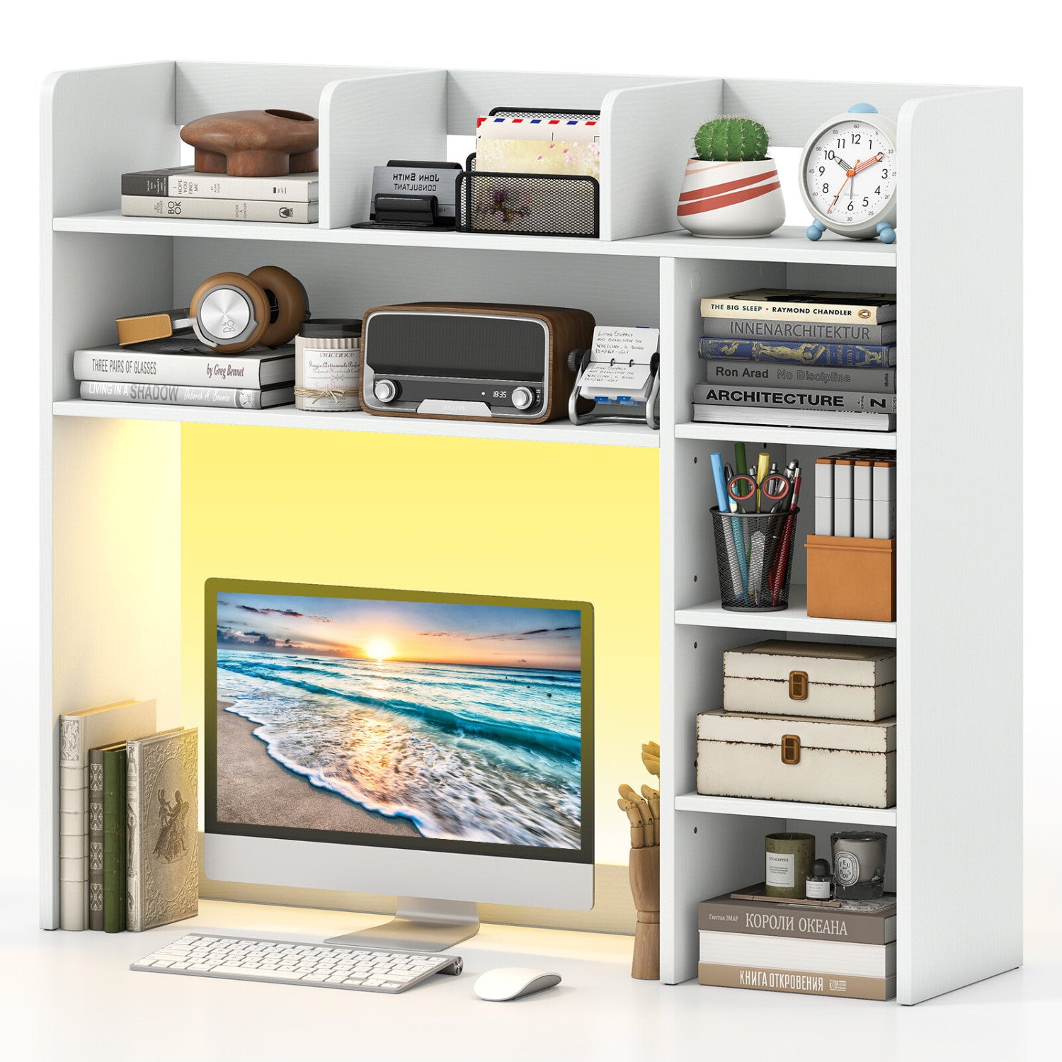 Desktop Bookshelf with LED Lights 35.5 inch Desk Hutch Storage Organizer, White Bookcases at Gallery Canada