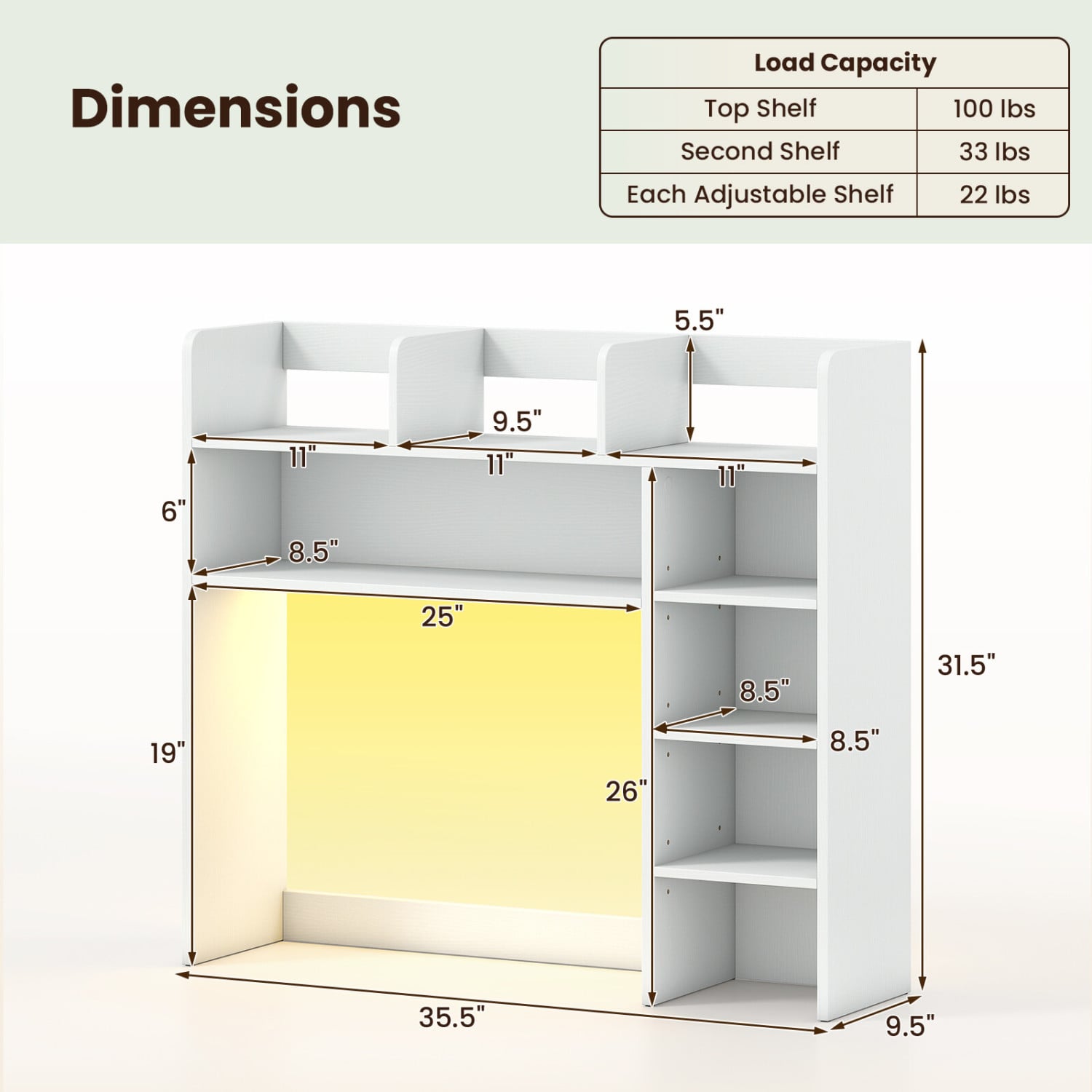 Desktop Bookshelf with LED Lights 35.5 inch Desk Hutch Storage Organizer, White Bookcases at Gallery Canada