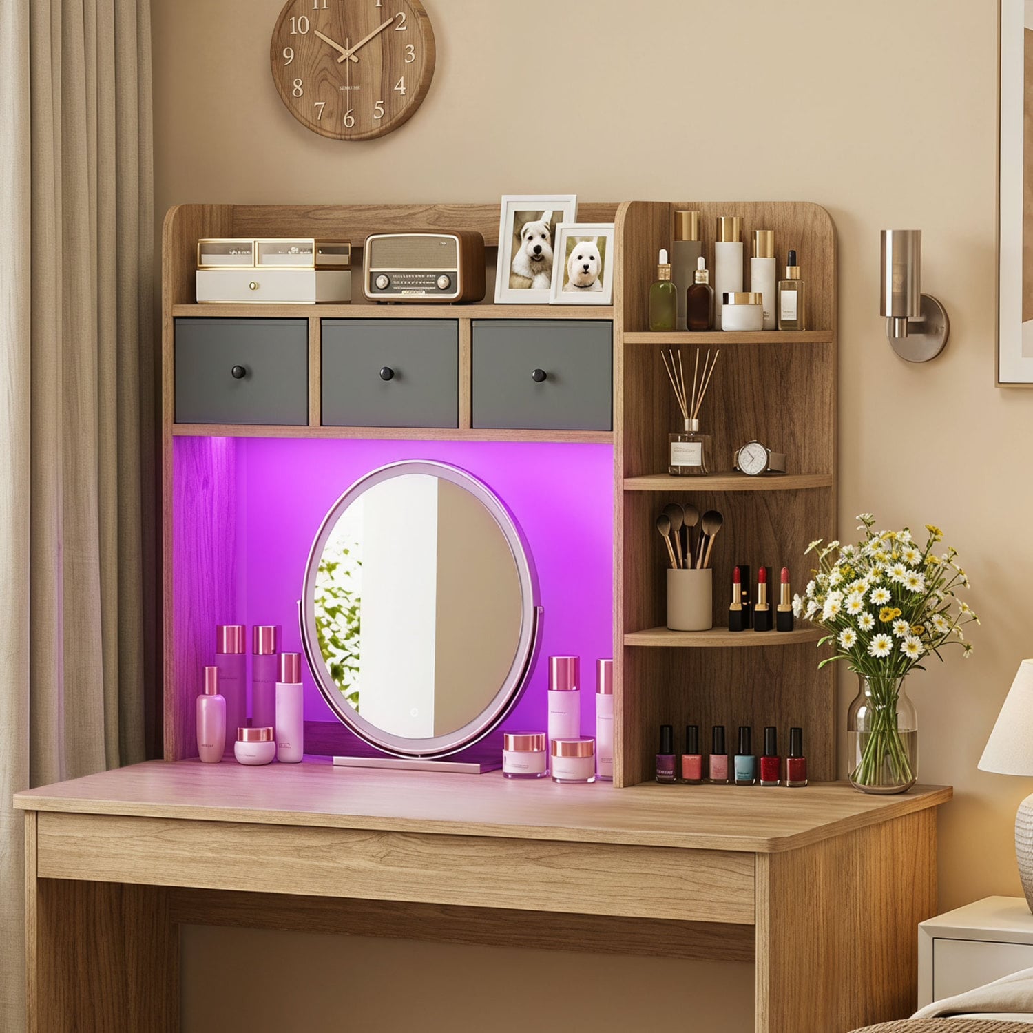 Desktop Bookshelf 5-Tier with LED Lights, 3 Drawers, Natural Bookcases at Gallery Canada