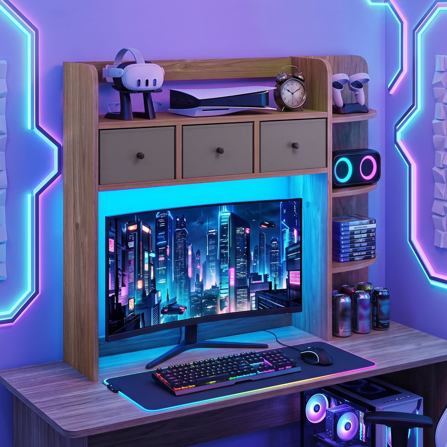 Desktop Bookshelf 5-Tier with LED Lights, 3 Drawers, Natural Bookcases at Gallery Canada