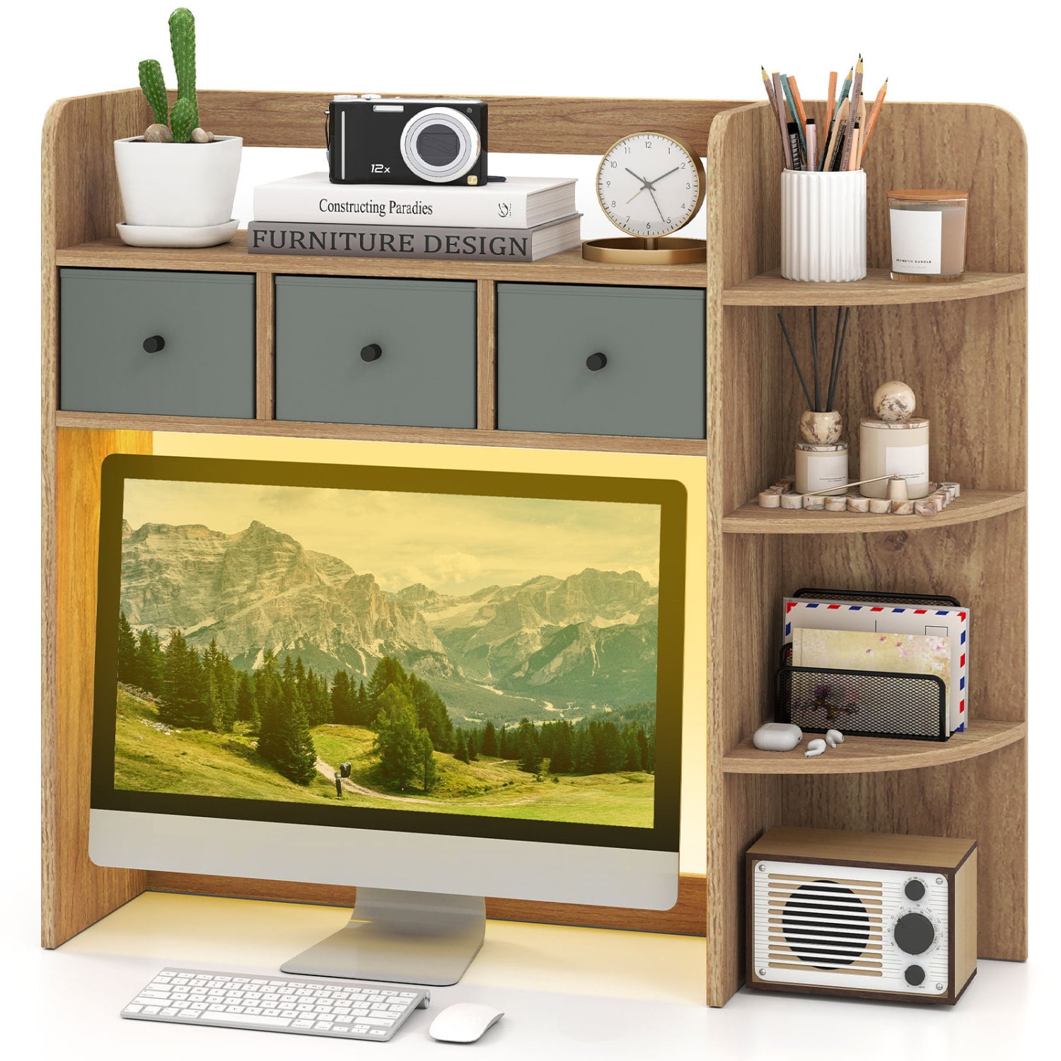 Desktop Bookshelf 5-Tier with LED Lights, 3 Drawers, Natural Bookcases Natural at Gallery Canada