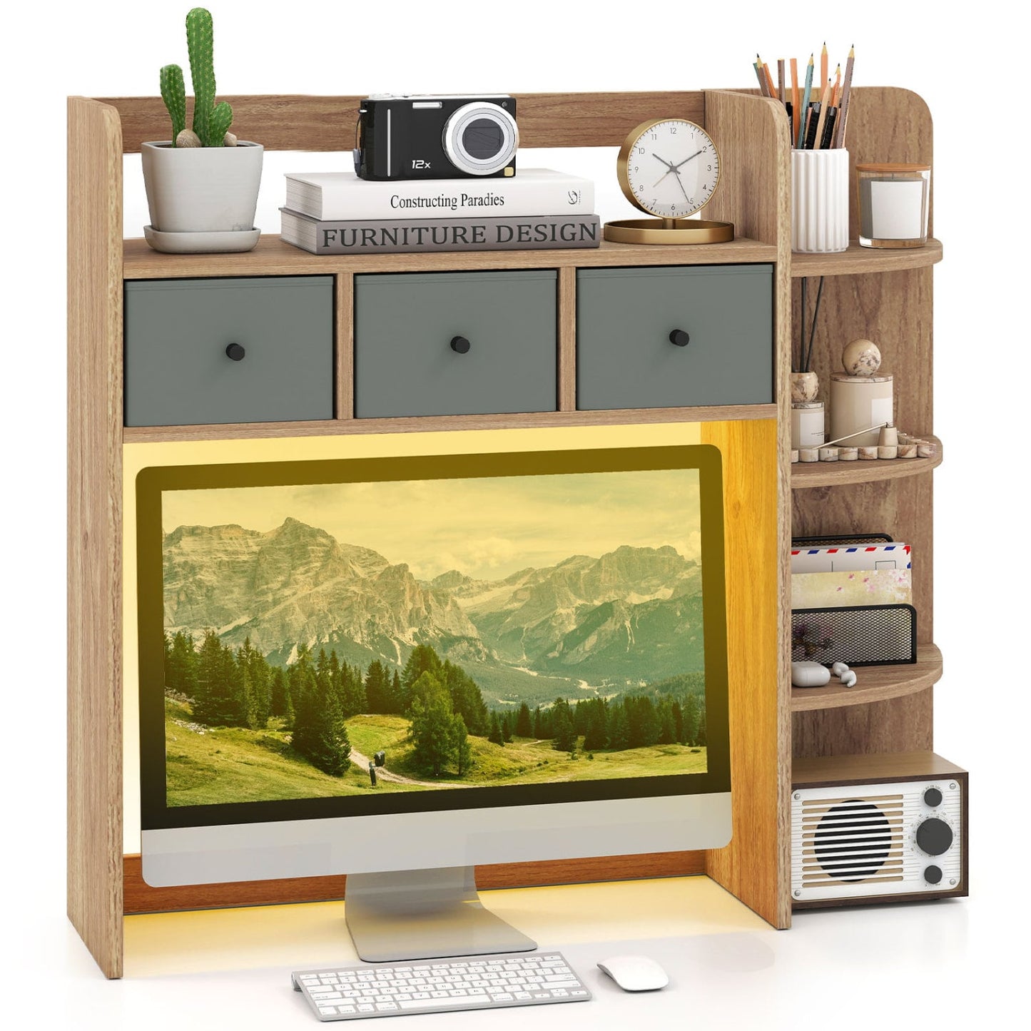 Desktop Bookshelf 5-Tier with LED Lights, 3 Drawers, Natural Bookcases at Gallery Canada