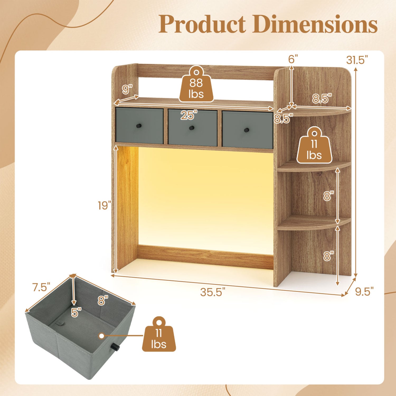 Desktop Bookshelf 5-Tier with LED Lights, 3 Drawers, Natural Bookcases at Gallery Canada