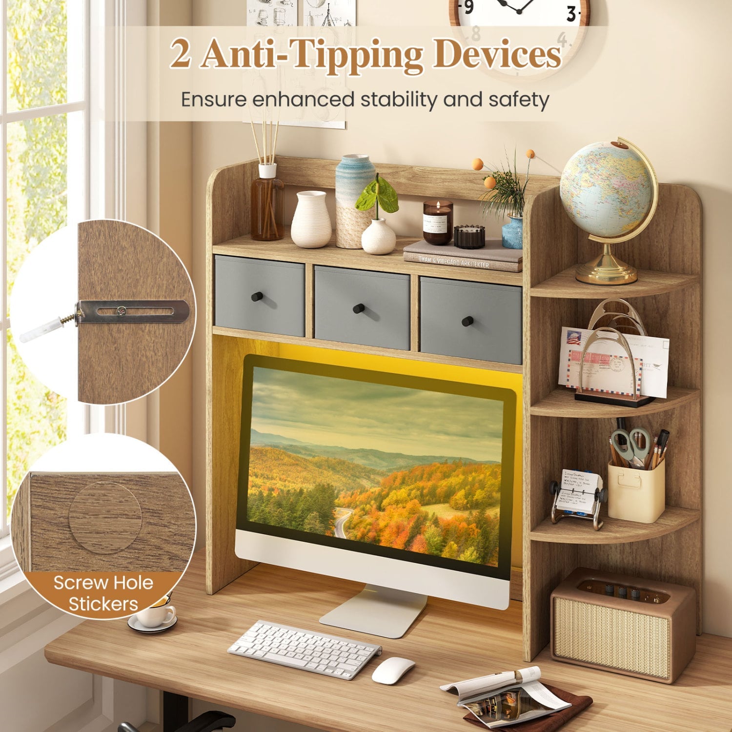 Desktop Bookshelf 5-Tier with LED Lights, 3 Drawers, Natural Bookcases at Gallery Canada