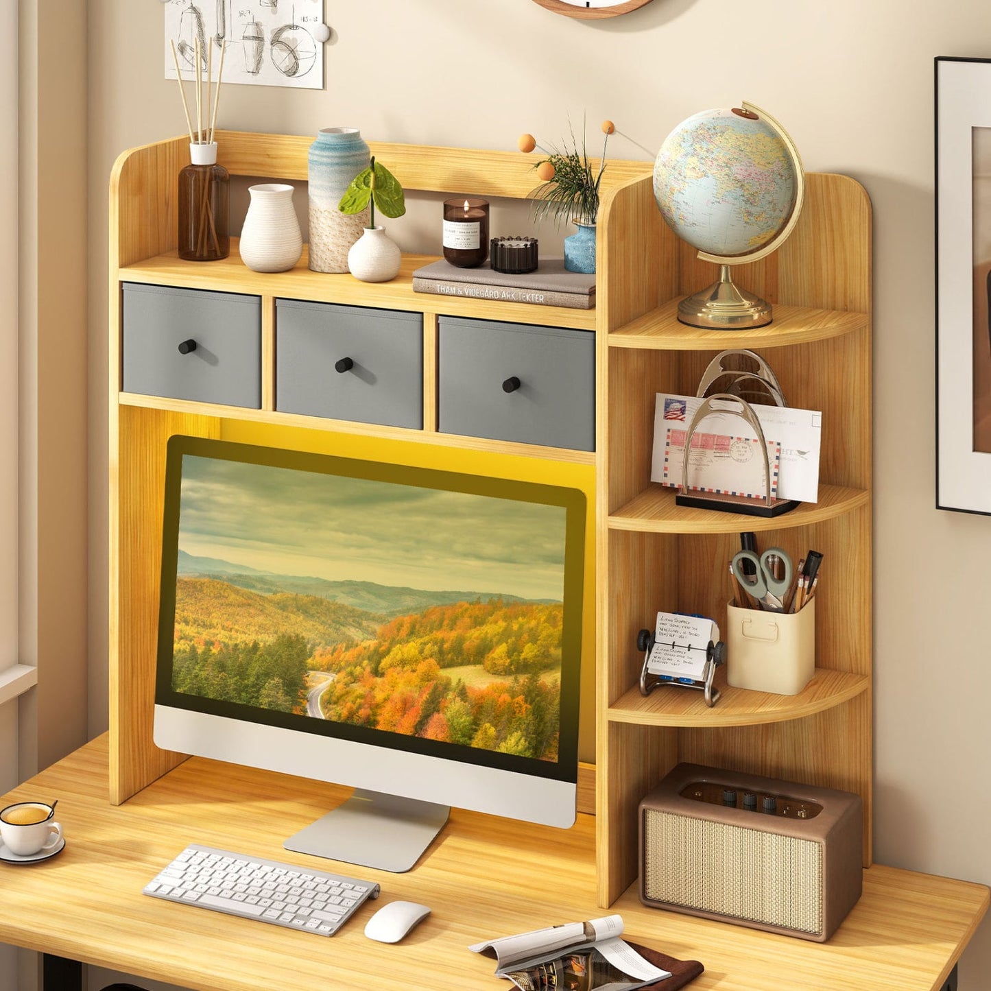 Desktop Bookshelf 5-Tier LED Lights 3 Drawers, Brown