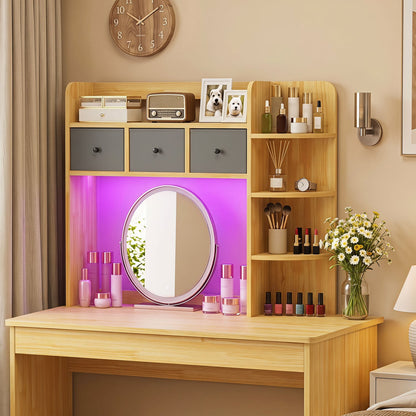 Desktop Bookshelf 5-Tier LED Lights 3 Drawers, Brown
