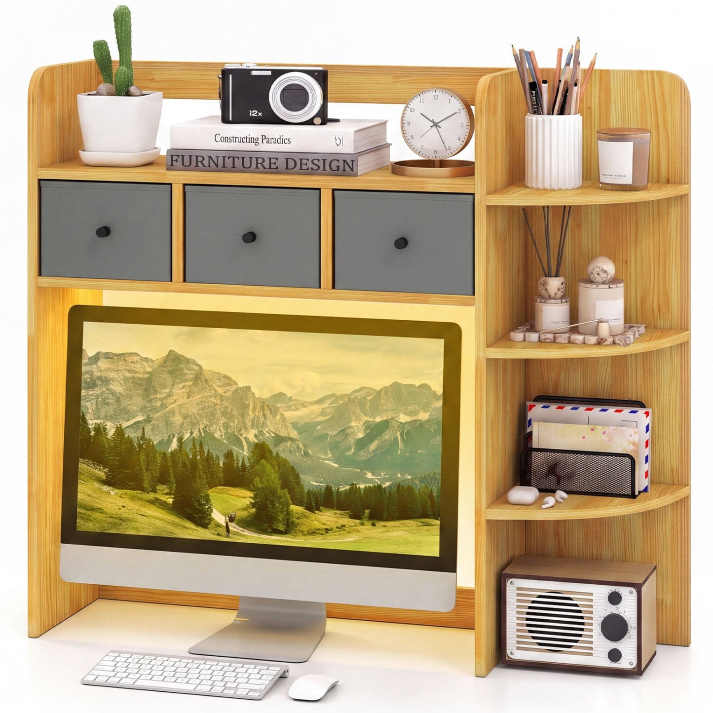Desktop Bookshelf 5-Tier LED Lights 3 Drawers, Brown