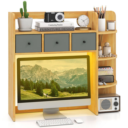 Desktop Bookshelf 5-Tier LED Lights 3 Drawers, Brown