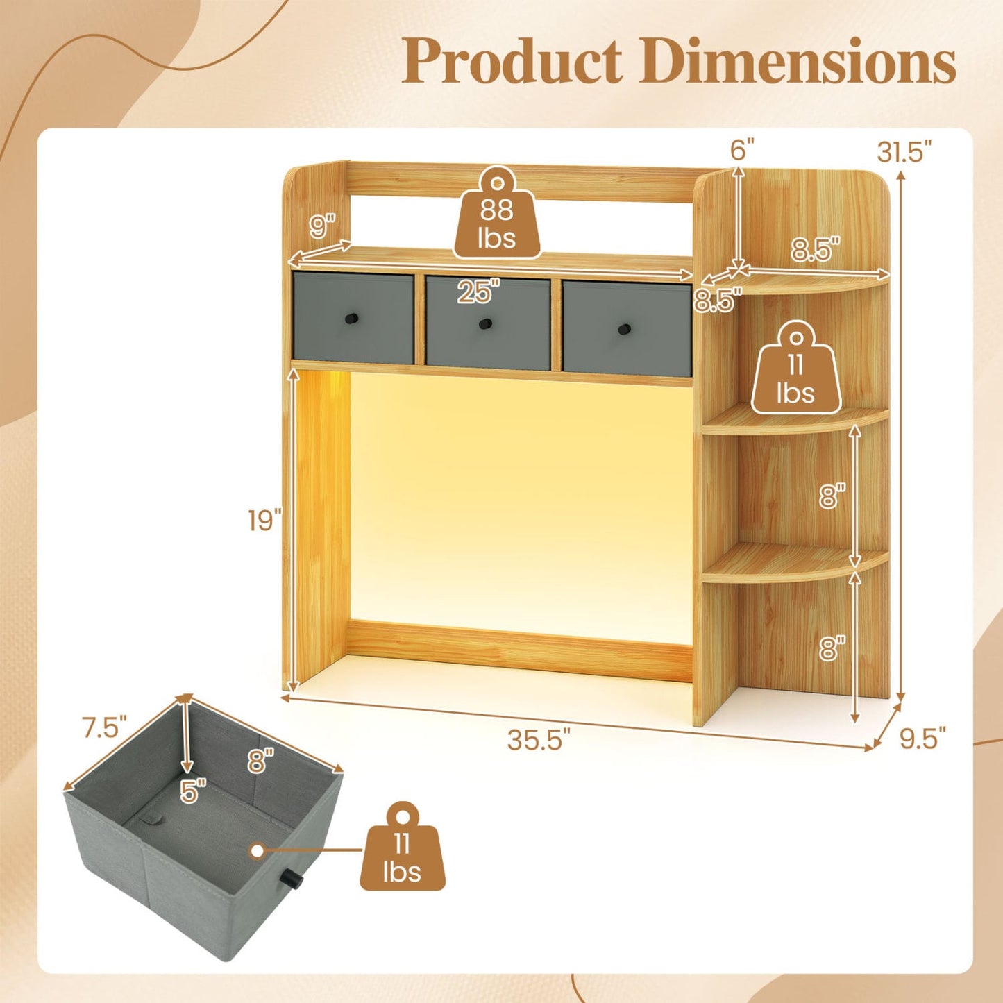 Desktop Bookshelf 5-Tier LED Lights 3 Drawers, Brown