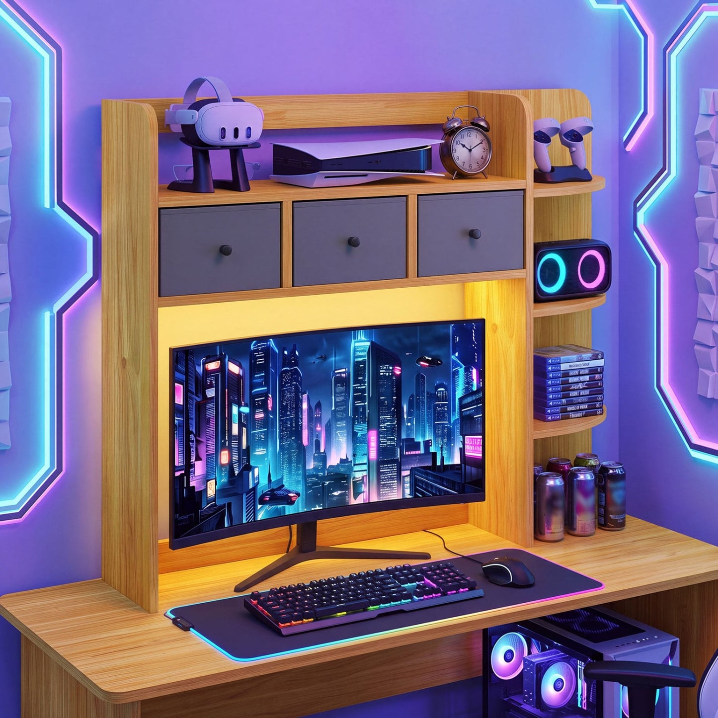 Desktop Bookshelf 5-Tier LED Lights 3 Drawers, Brown