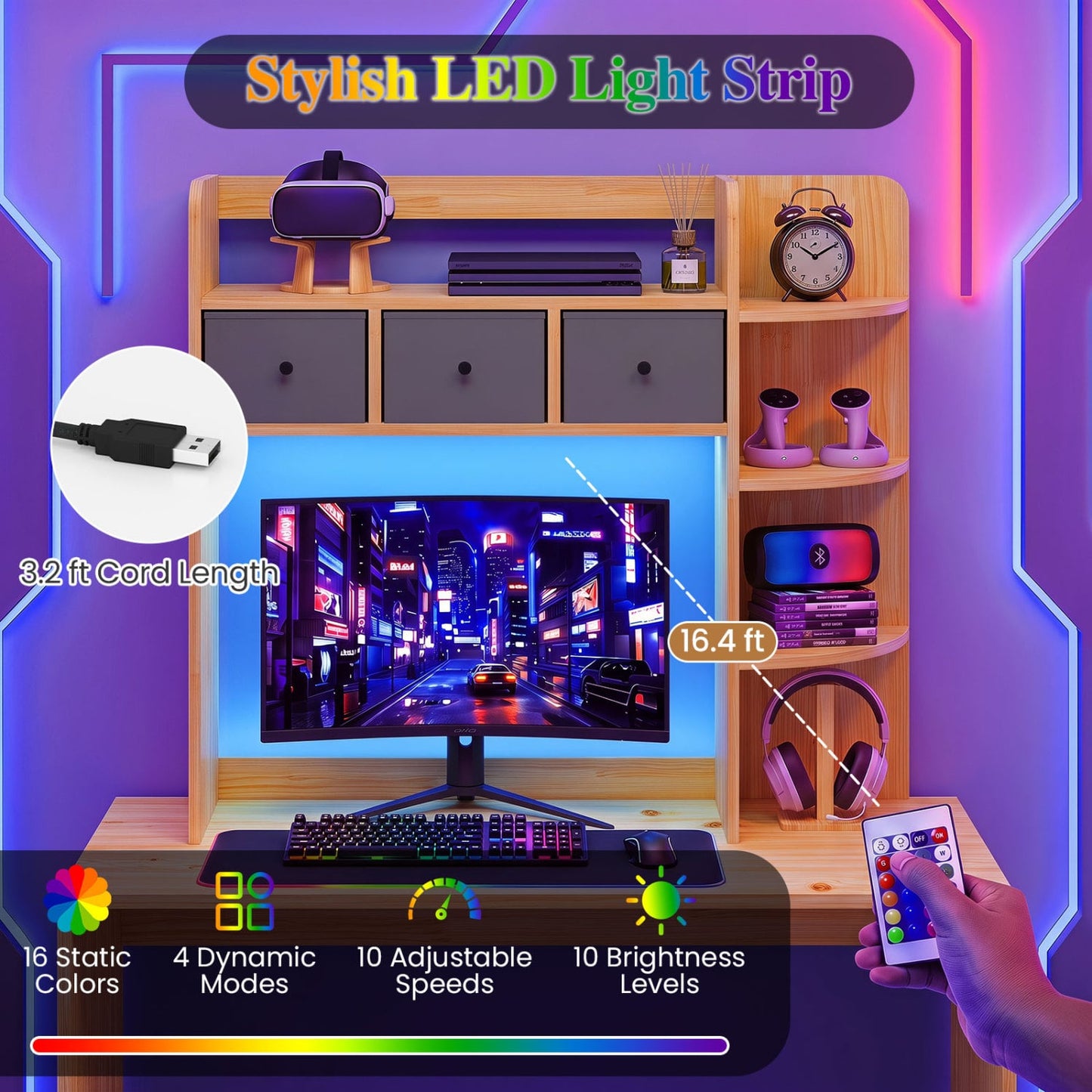 Desktop Bookshelf 5-Tier LED Lights 3 Drawers, Brown