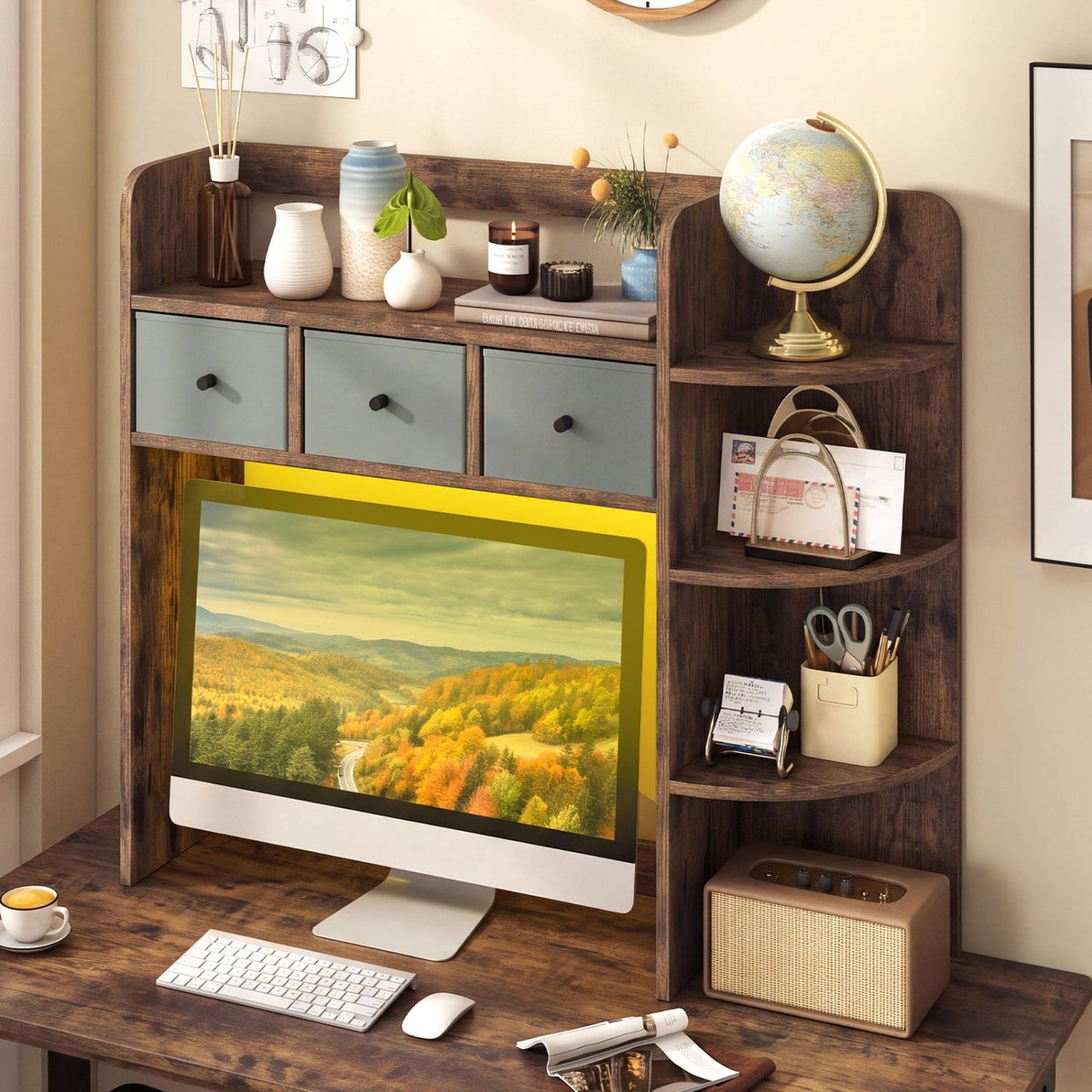 5-Tier LED Bookshelf with 3 Drawers, Rustic Brown