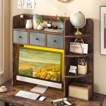 5-Tier LED Bookshelf with 3 Drawers, Rustic Brown