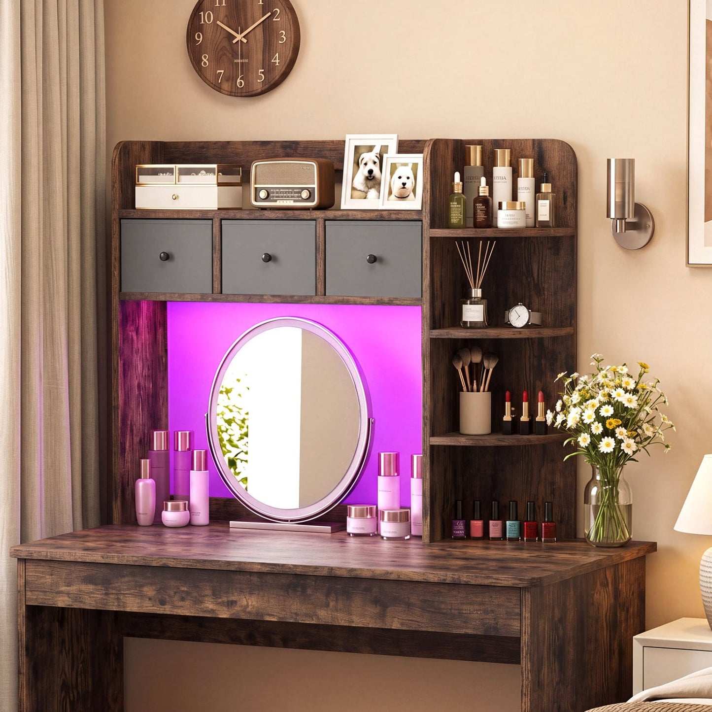 5-Tier LED Bookshelf with 3 Drawers, Rustic Brown