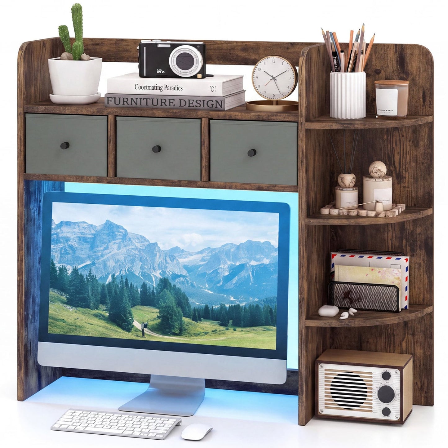 5-Tier LED Bookshelf with 3 Drawers, Rustic Brown