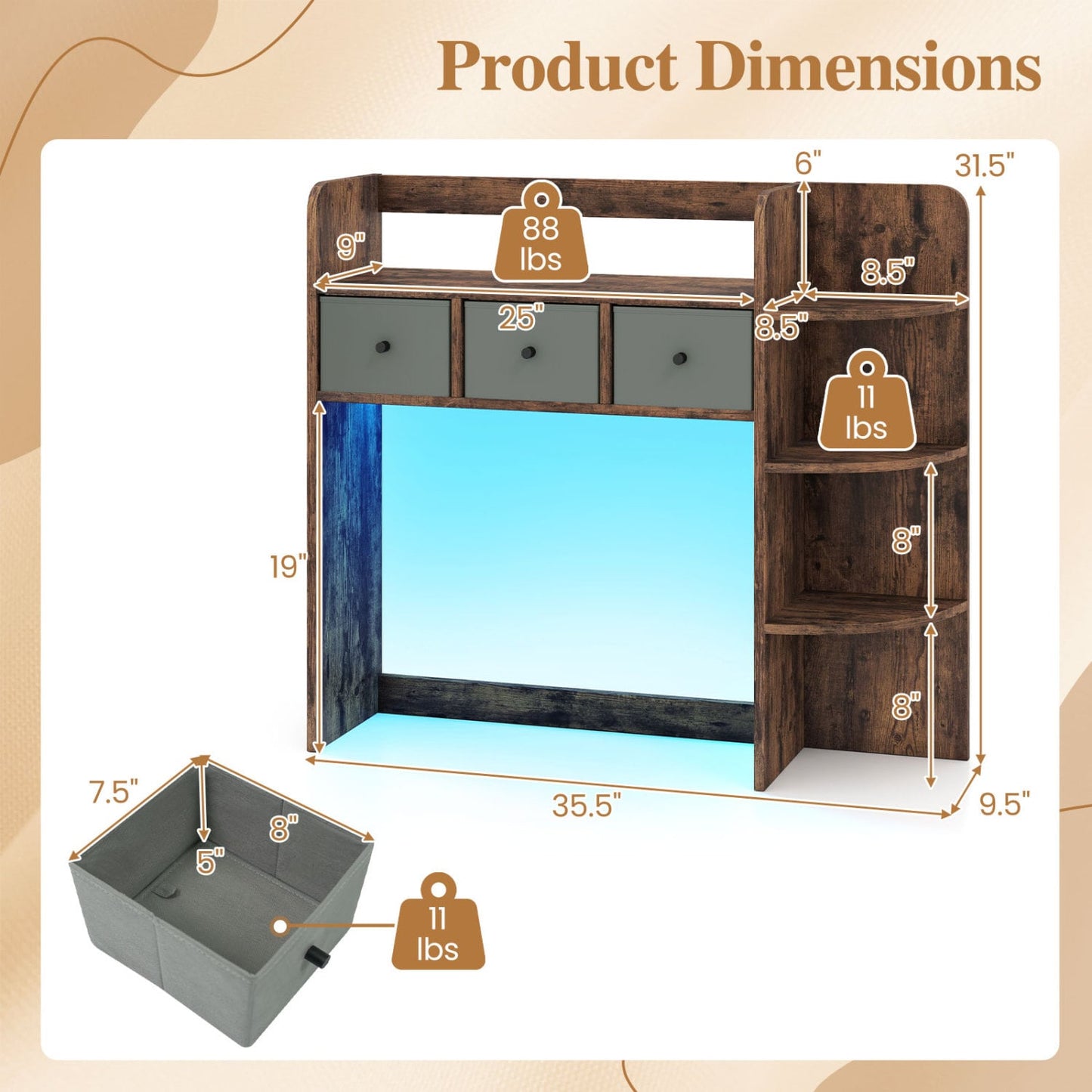 5-Tier LED Bookshelf with 3 Drawers, Rustic Brown