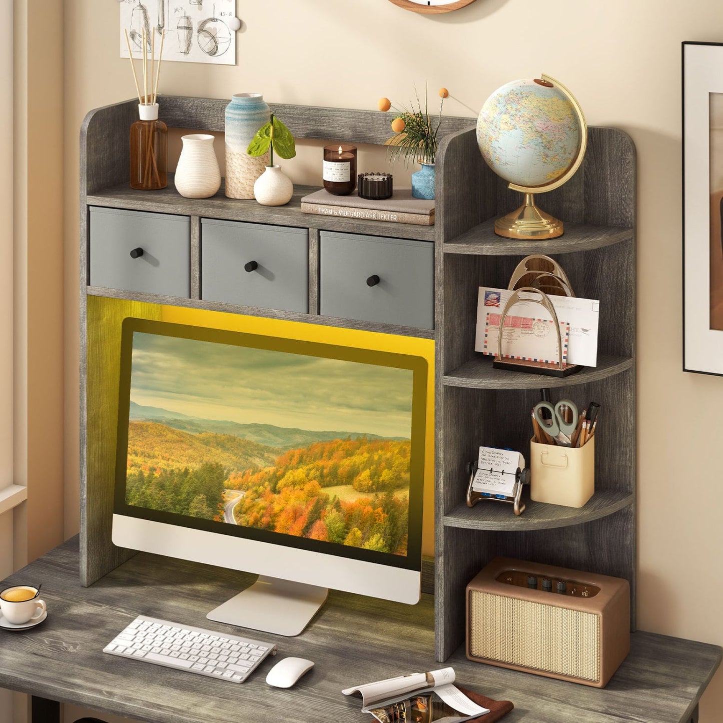 Desktop Bookshelf with LED Lights, 5-Tier, 3 Drawers, Gray Oak
