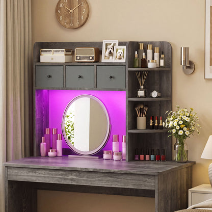 Desktop Bookshelf with LED Lights, 5-Tier, 3 Drawers, Gray Oak
