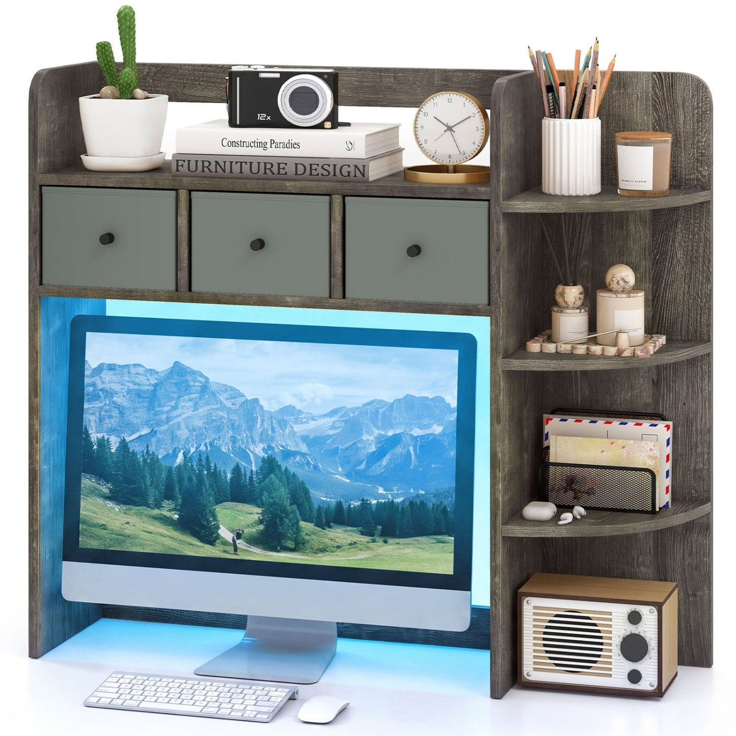 Desktop Bookshelf with LED Lights, 5-Tier, 3 Drawers, Gray Oak