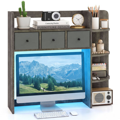 Desktop Bookshelf with LED Lights, 5-Tier, 3 Drawers, Gray Oak