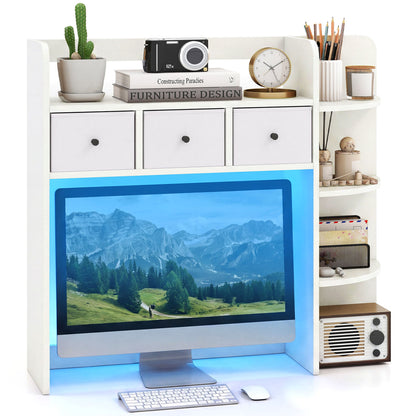 Desktop Bookshelf with LED Lights, 5-Tier, 3 Drawers, White