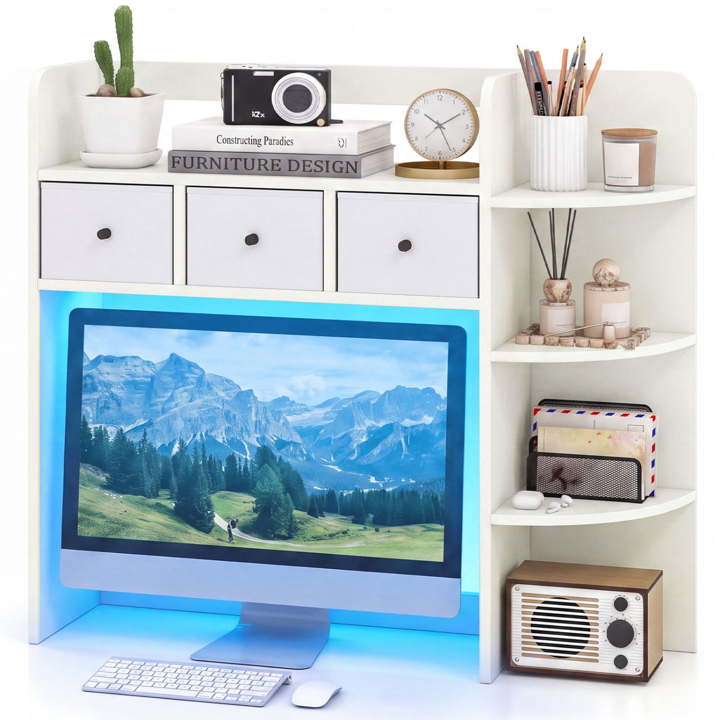 Desktop Bookshelf with LED Lights, 5-Tier, 3 Drawers, White