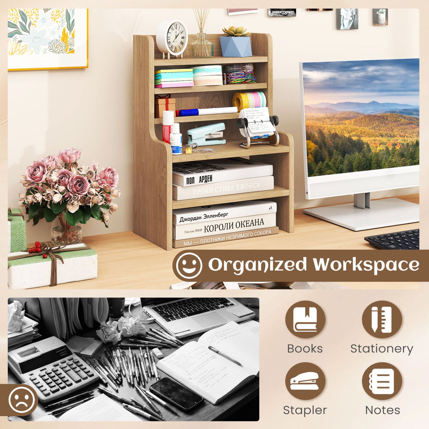 Desktop Organizer, 6-Tier Storage Rack, Removable Shelves, Natural Bookcases at Gallery Canada