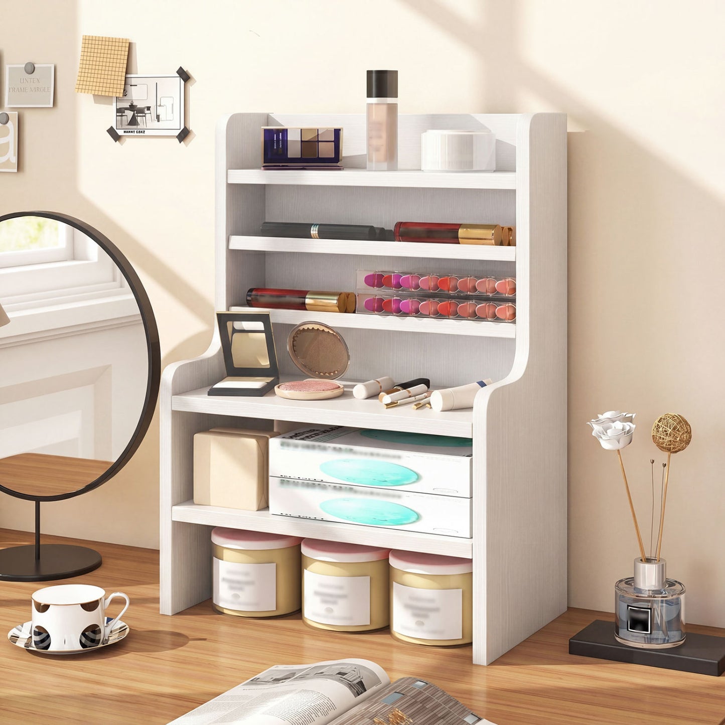 Desktop Organizer 6-Tier Mini Storage Rack with 2 Removable Shelves, White