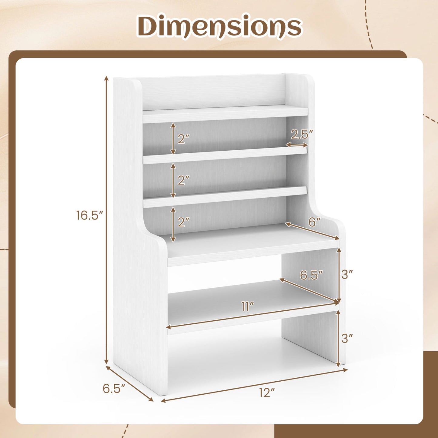 Desktop Organizer 6-Tier Mini Storage Rack with 2 Removable Shelves, White