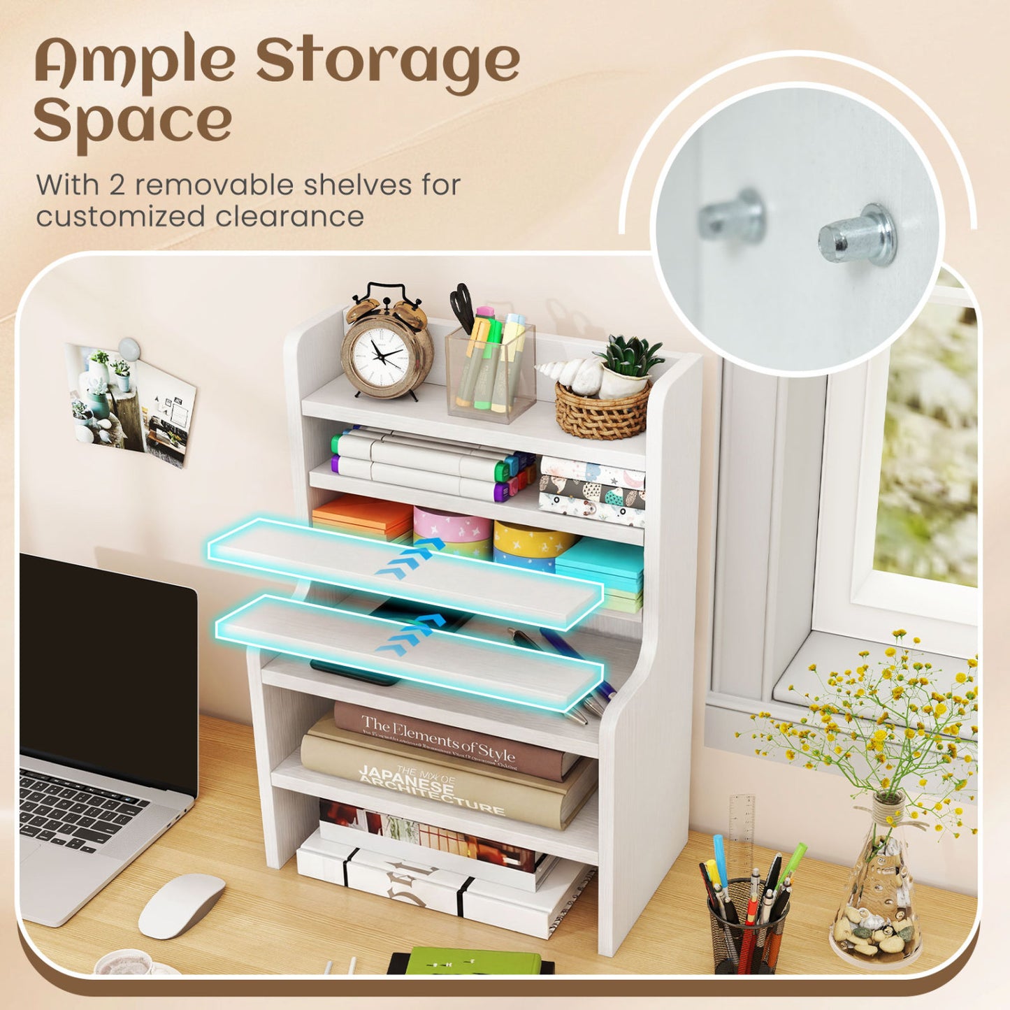 Desktop Organizer 6-Tier Mini Storage Rack with 2 Removable Shelves, White