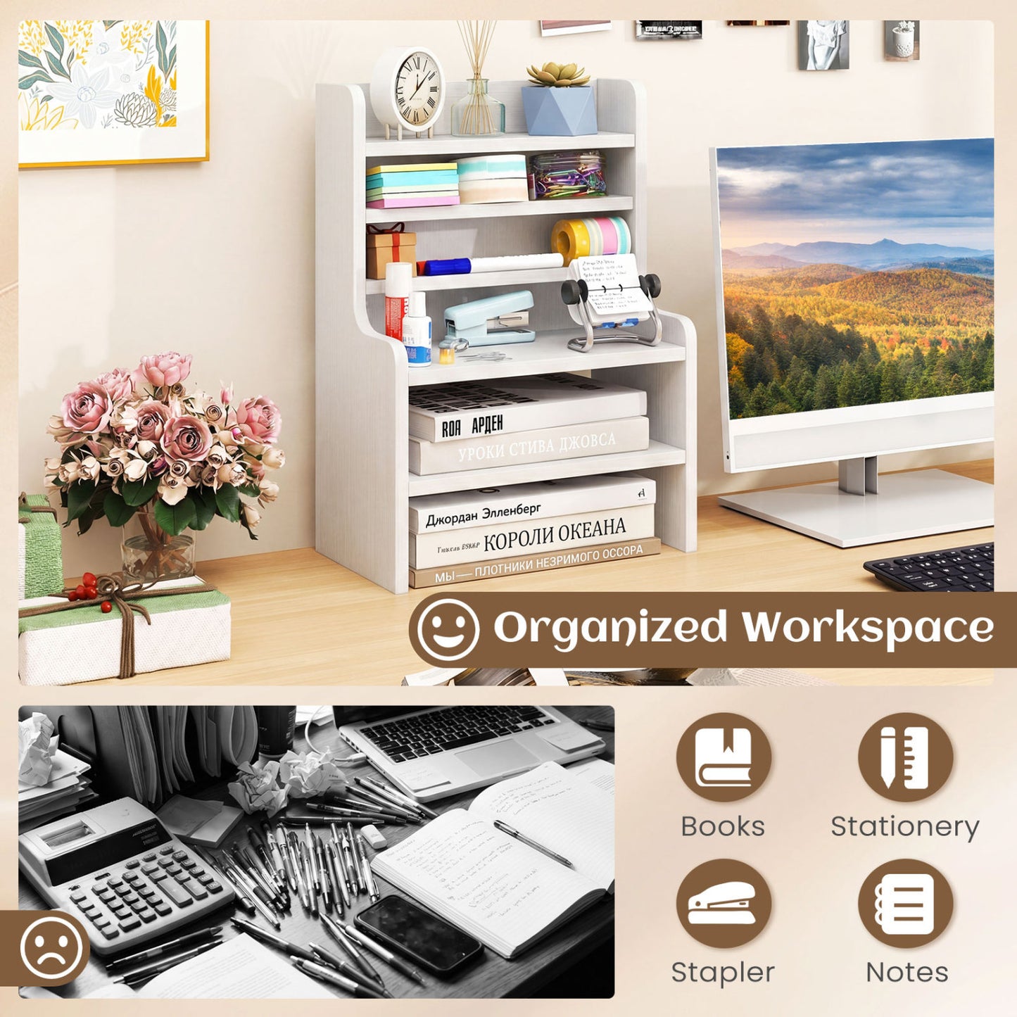 Desktop Organizer 6-Tier Mini Storage Rack with 2 Removable Shelves, White