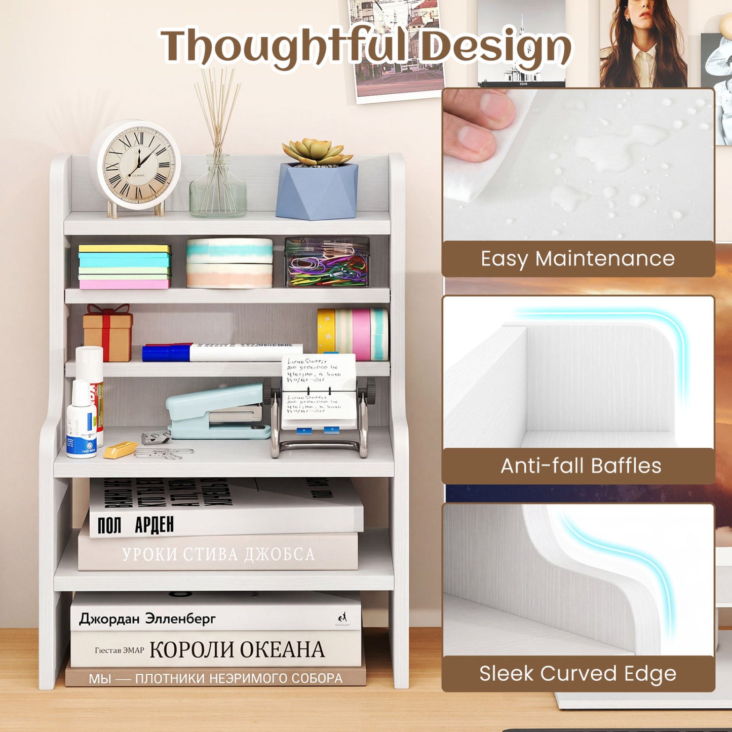 Desktop Organizer 6-Tier Mini Storage Rack with 2 Removable Shelves, White