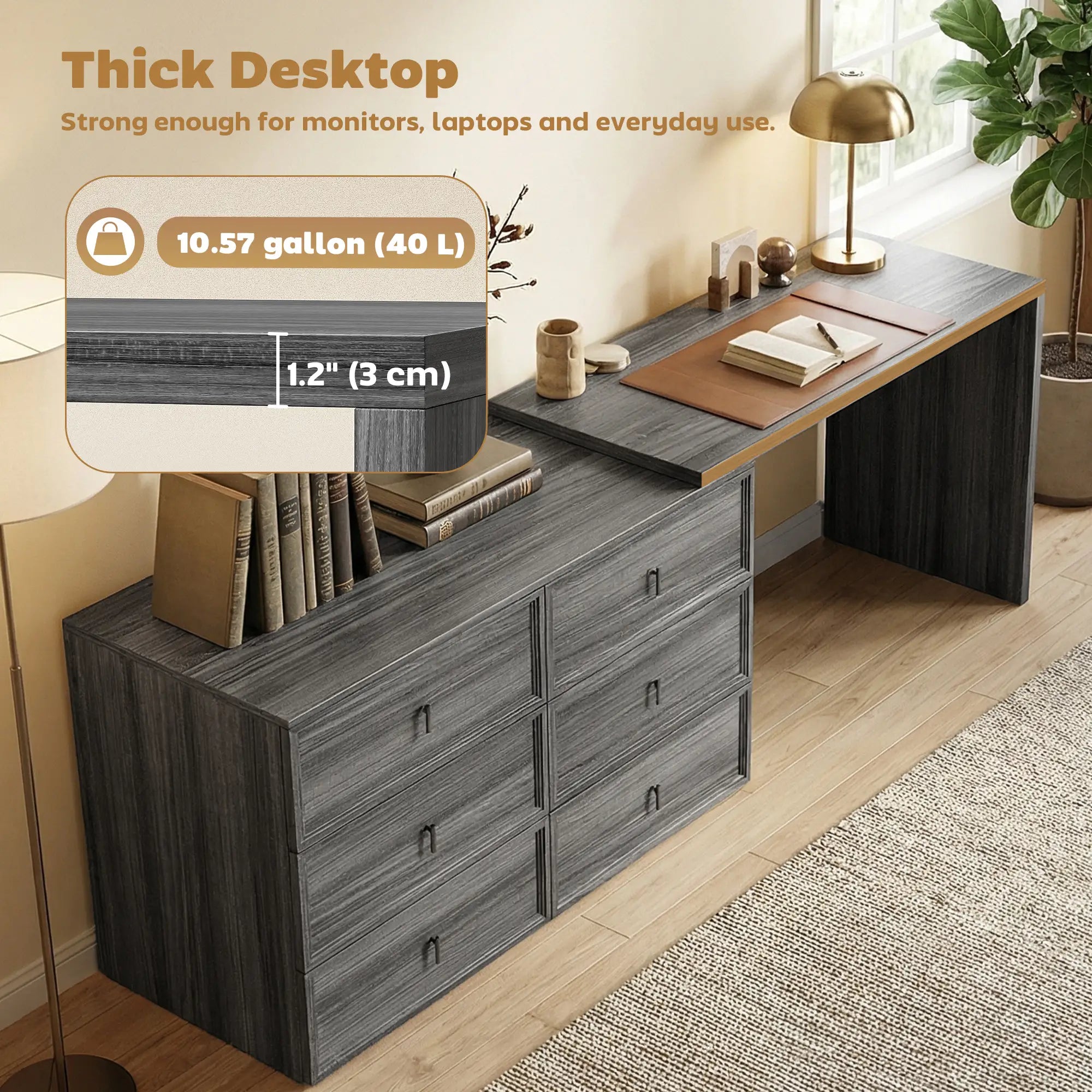L Shaped Computer Desk, 6 Drawers, Wood Grain, Black Computer Desks at Gallery Canada