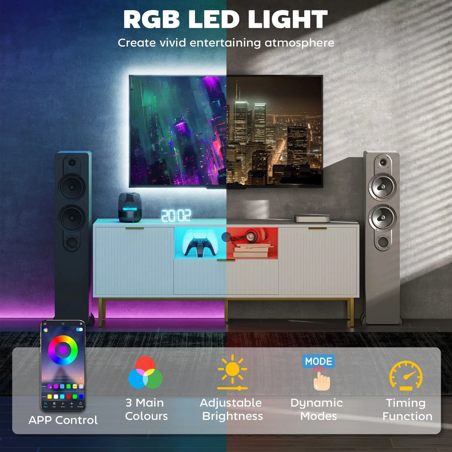 TV Console For 50 Inch TVs, Smart RGB LED Lights, Soft Close Doors, White TV Stands at Gallery Canada