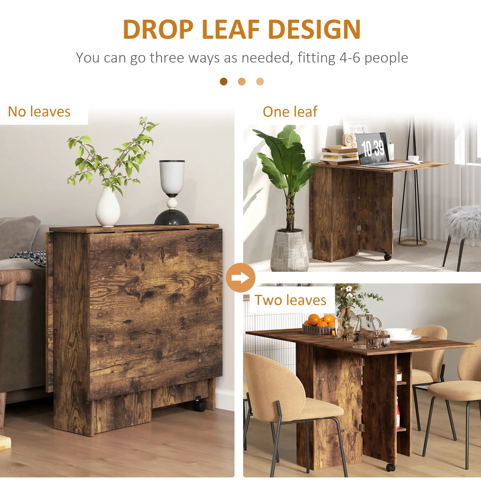 Extendable Dining Table, Collapsible w/ Shelves, Casters, Rustic Brown, Brown Dining Tables at Gallery Canada