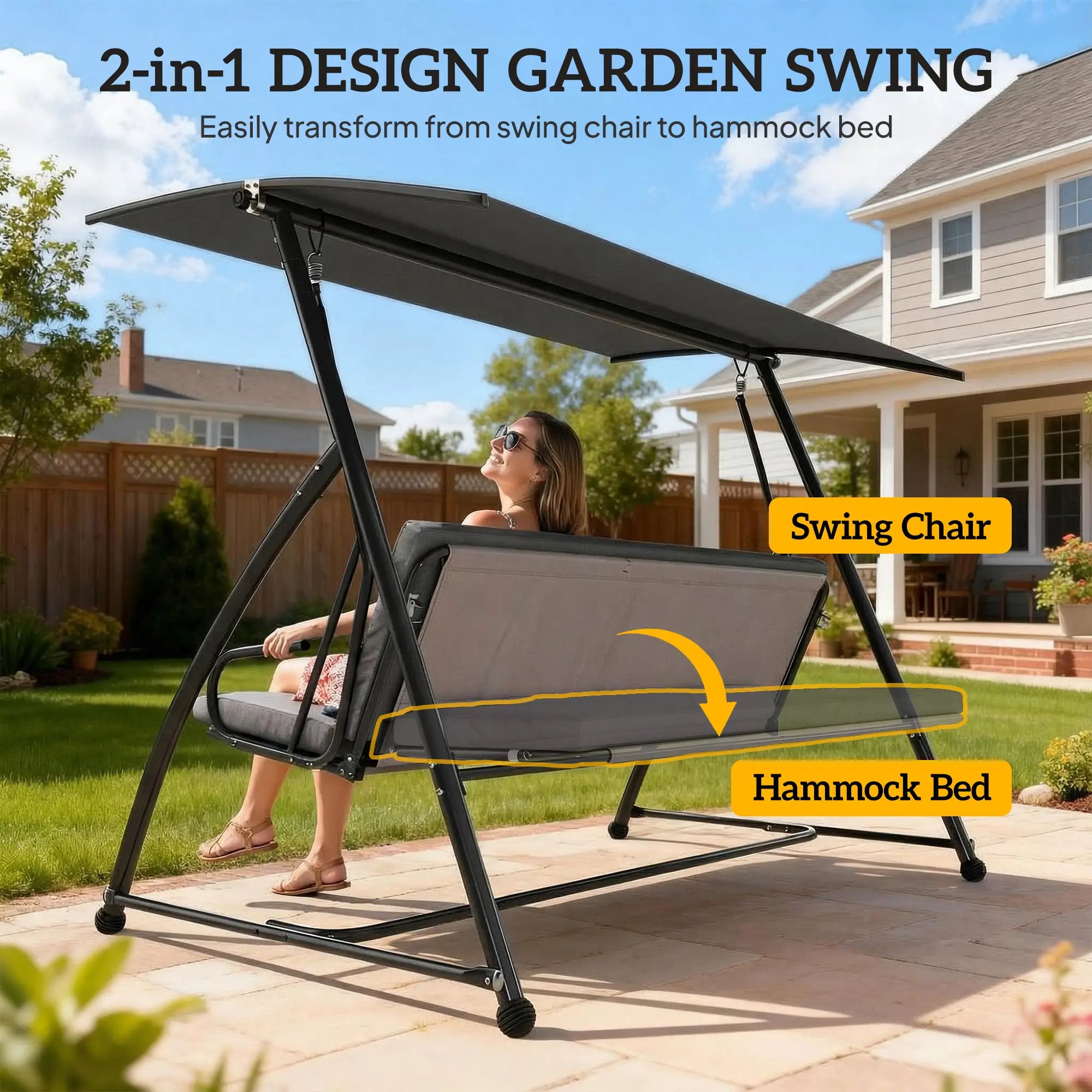 3 Person Patio Swing Chair, Convertible Hammock, Outdoor Lounge Bed, Dark Grey Porch Swings with Canopy at Gallery Canada